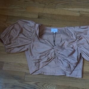 NWT cinq a sept blouse, cropped camel brown ruched - size small